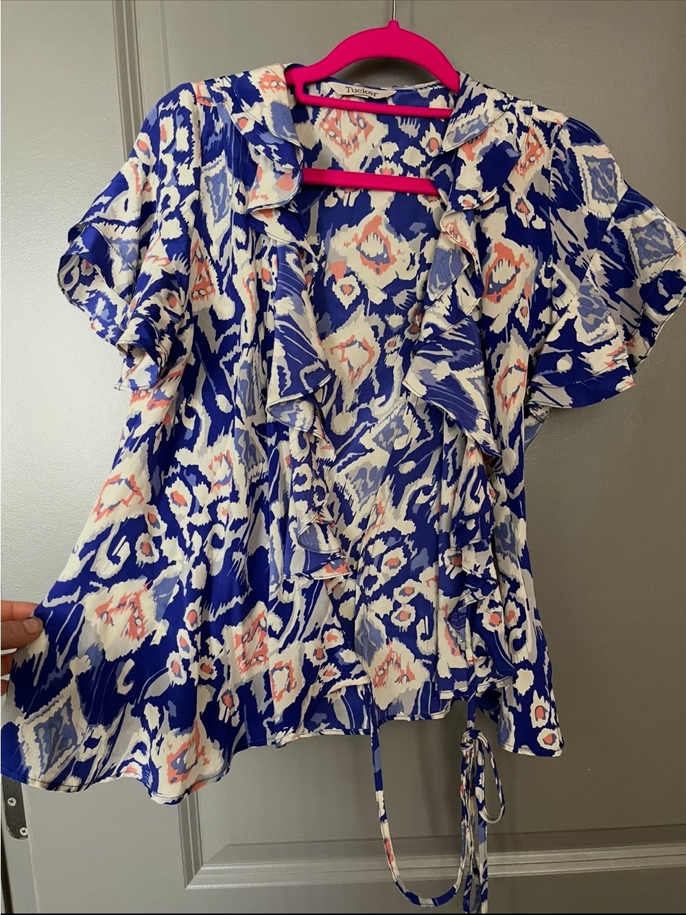Tucker Blue White and Peach Ikat Ruffle Wrap Blouse SILK size S